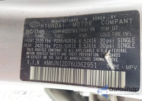 2006 Hyundai Tucson Gls/Limited z USA, uszkodzony, nr VIN KM8JN12D76U362951